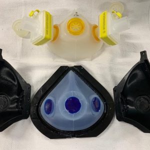 Stop-Gap N95 Respirator:
Reusable device, developed, tested and manufacturable at small scale at APIL
CAD. FDM, SLA, Polyjet printing. Silicone cast. HME filters.